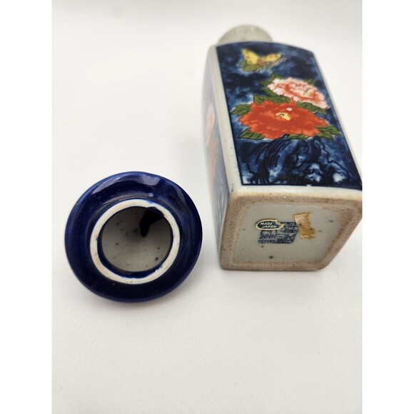 Vintage Japanese Square Bottle Decanter With Lid Butterfly Flowers Blue Gray - Picture 8 of 9